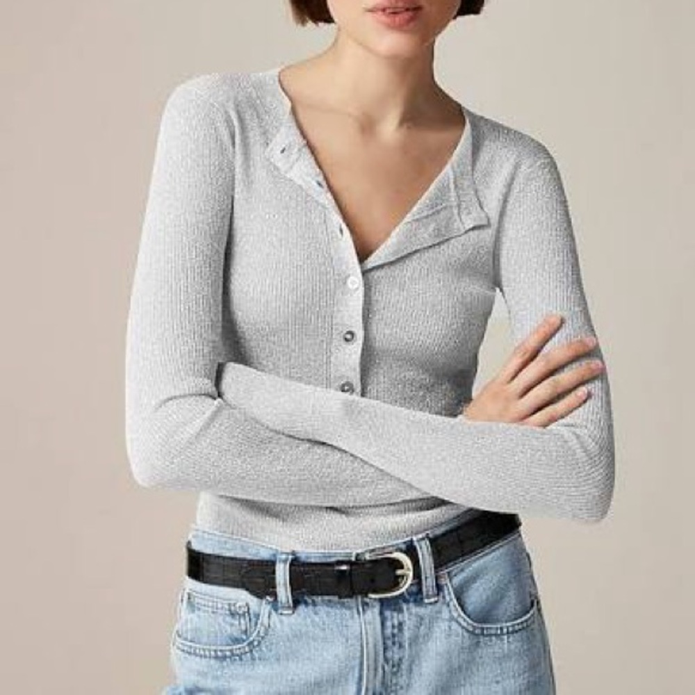 J Crew‎ NWT long sleeve Ribbed henley sweater with Lurex® metallic threads